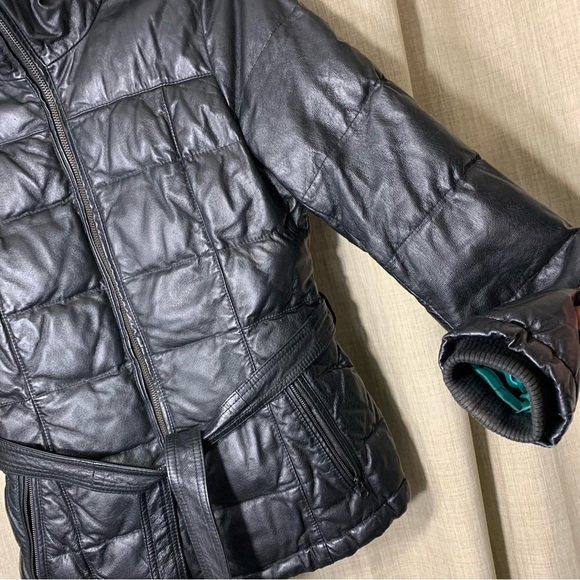 Danier Black Leather Puffer Jacket Sz XXS High Neck Bomber Quilted Winter Coat - Picture 5 of 16